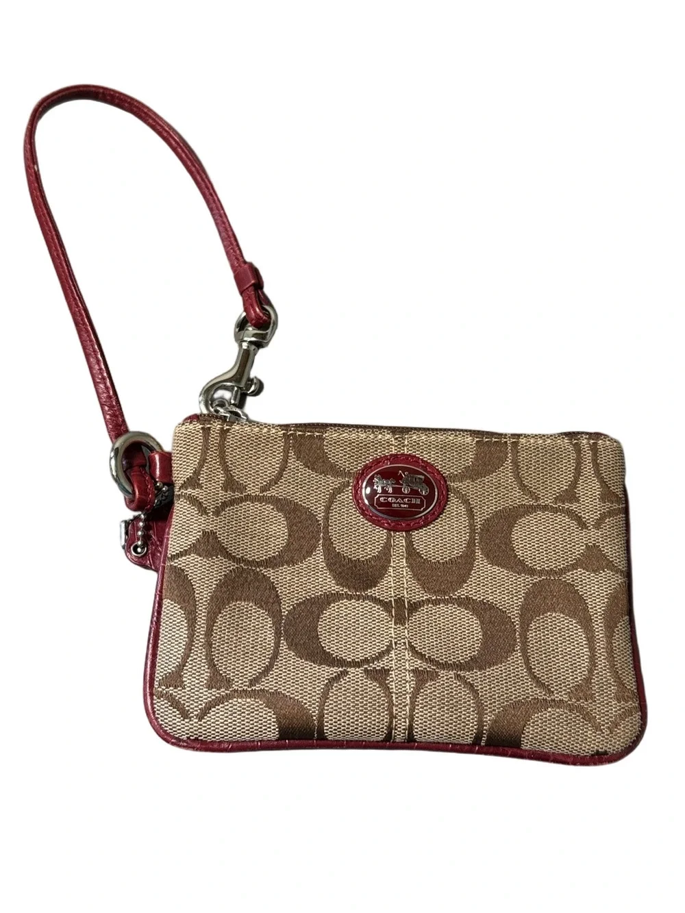 Coach Brown Signature Canvas Wristlet with Burgundy Accents in Box